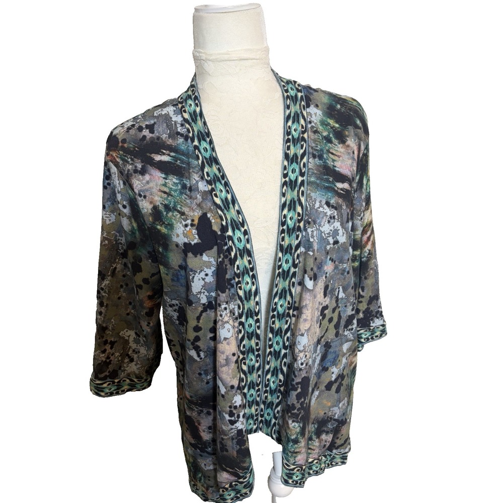 Tolani Kimono~M~Turquoise Black Tie Dye Splash Knit Hi Low Hem Aztec Border BOHO